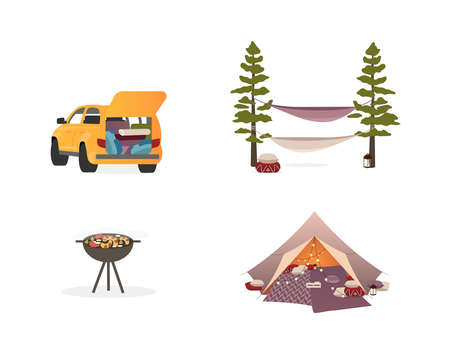 Picnic equipment flat color vector objects set. Camping tent with lights. Hammocks. Car. Barbeque grill. Isolated cartoon illustration for web graphic design and animation collectionのイラスト素材