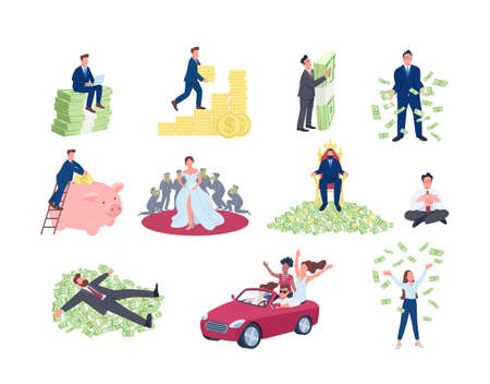 Rich and successful people flat concept vector illustration set. Financial success. Men and women with pile of money. 2D cartoon characters for web design collection. Wealth creative ideaのイラスト素材