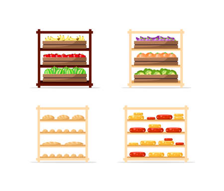 Selling food flat color vector objects set. Cheese and bread shelves. Vegetable and fruit displays. Groceries isolated cartoon illustration for web graphic design and animation collectionのイラスト素材
