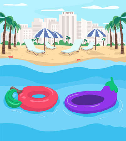 Summer resort and inflatables flat color vector illustration. Summertime vacations by beach. Apple shaped pool float. Seafront beach 2D cartoon landscape with cityscape on backgroundのイラスト素材