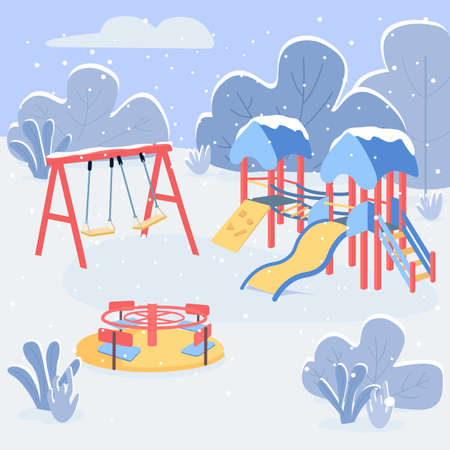 Winter play area flat color vector illustration. Empty children park in winter. Swing, slide and roundabout. Playground equipment 2D cartoon landscape with snowy forest on backgroundのイラスト素材