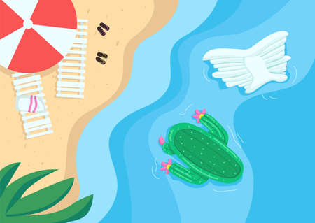 Beach and pool floats flat color vector illustration. Empty tourist beach with parasol and beds....