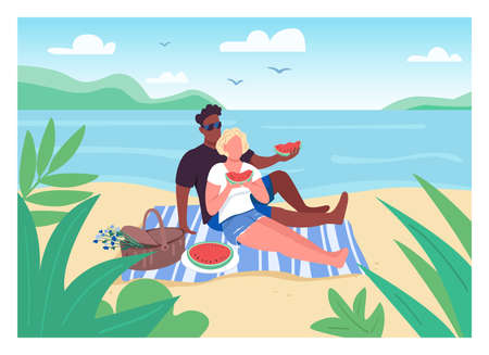 Romantic picnic on beach flat color vector illustration. Couple on summer vacation. Man and woman sit on blanket and eat watermelon. Lovers 2D cartoon characters with seascape on backgroundのイラスト素材