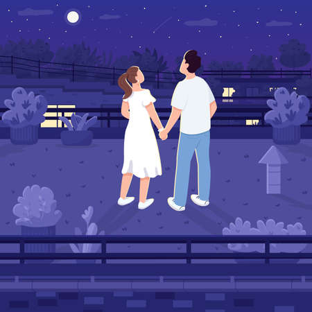 Nighttime roof date flat color vector illustration. Couple of teenagers stargazing. Man and woman holding hands. Highrise midnight rooftop 2D cartoon landscape with character on backgroundのイラスト素材