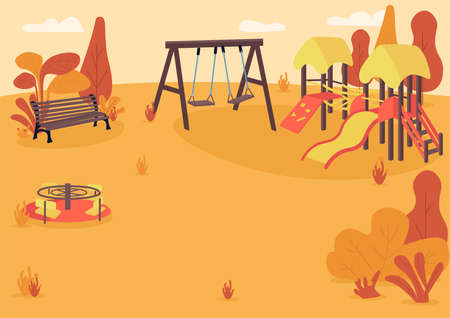Autumn playpark flat color vector illustration. Public park in fall. Empty children recreation area. Autumn park zone with kids playground equipment 2D cartoon landscape with trees on backgroundのイラスト素材