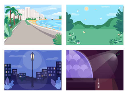 Vacation place flat color vector illustration set. Urban beach. Nighttime park. Concert hall. Spot for picnic. Summer holiday 2D cartoon landscape and interior with decoration on background collectionのイラスト素材