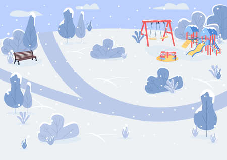 Winter park flat color vector illustration. Public park and with bench and playground equipment. Snowy weather. Outdoor recreation area in winter 2D cartoon landscape with snowy trees on backgroundのイラスト素材