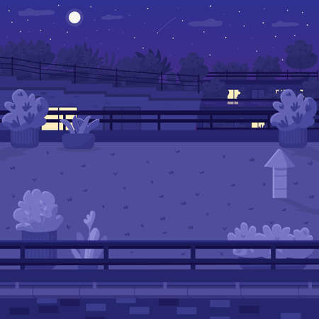 Nighttime rooftop flat color vector illustration. Roof terrace in midnight in downtown. Late evening in yard with greenery. Urban public garden 2D cartoon landscape with skyline on backgroundのイラスト素材
