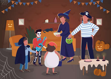 Halloween celebration semi flat vector illustration. Parents play with children. Trick or treat at home with kids. Festive decoration in spooky house. Family 2D cartoon characters for commercial useの写真素材