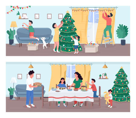 Christmas celebration semi flat vector illustration set. New Year in household. Activity of decorating home for Christmas. Holiday dinner. Family 2D cartoon characters for commercial use collectionのイラスト素材