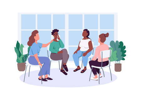 Women social support group flat color vector faceless characters. Female issues therapy meeting. Mental health care isolated cartoon illustration for web graphic design and animationのイラスト素材