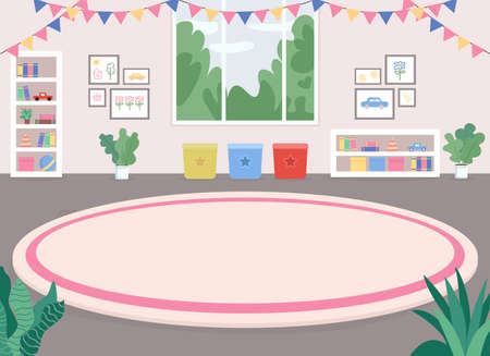 Children room flat color vector illustration. Playroom. Nursery-school. Kindergarten. Recreation, rumpus room. 2D cartoon interior with toys, bookshelves, pink carpet and big window on backgroundのイラスト素材