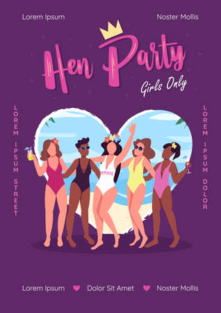 Hen night poster flat vector template. Girls only. Exclusive female pre-wedding celebration. Brochure, booklet one page concept design with cartoon characters. Bachelorette party flyer, leafletのイラスト素材