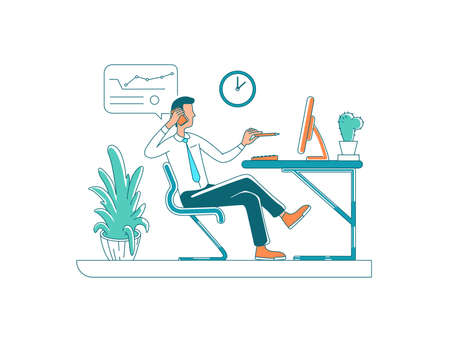 Male office manager flat color vector faceless character. Staff member talk on phone. Company job. Corporate occupation isolated cartoon illustration for web graphic design and animationのイラスト素材
