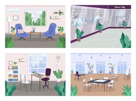 Interior decoration flat color vector illustration set. Therapy, consulting cabinet. Workplace design. Living-room, study, parlor. Work-bench. Shopping mall 2D cartoon interiors collectionのイラスト素材