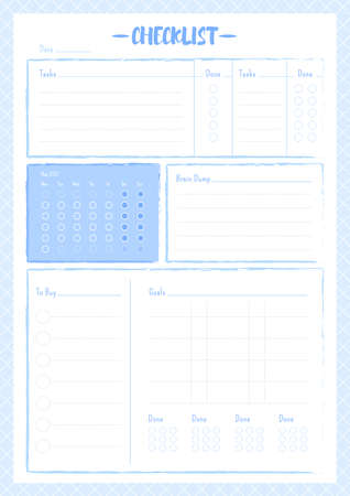 Blue checklist creative planner page design. Monthly to do tracker. Tick completed goals. Grid with task list bullet journal color sheet. Printable diary layout. Notebook vector templateのイラスト素材