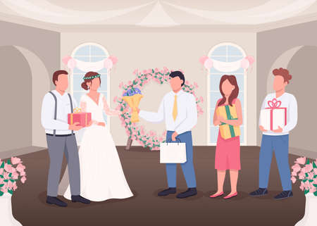 Gifts for bride and groom flat color vector illustration. Newlyweds receive presents. Wedding celebration. Married couple with guests 2D cartoon characters with decorated interior on backgroundのイラスト素材