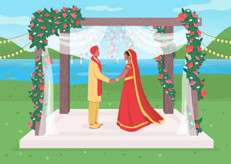 Indian wedding flat color vector illustration. Traditional oriental ceremony. Engagement under flower arch. Celebratory venue. Bride and groom 2D cartoon characters with landscape on backgroundのイラスト素材