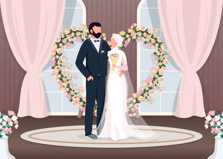 Muslim newlyweds flat color vector illustration. Bride and groom near luxury photozone. Floral arch wedding decoration. Islam couple 2D cartoon characters with interior on backgroundのイラスト素材