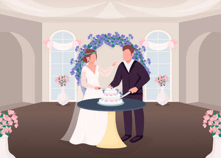 Cutting cake tradition flat color vector illustration. Wedding tradition. Newlyweds eat celebratory food. Bride and groom 2D cartoon characters with ceremonial hall interior on backgroundのイラスト素材