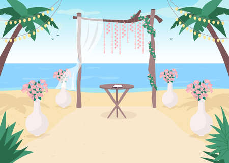 Beach wedding flat color vector illustration. Floral archway. Gate with flowers for matrimony service. Tropical arrangement. Marriage service 2D cartoon landscape with sea on backgroundのイラスト素材