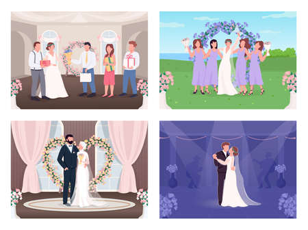 Wedding celebration flat color vector illustration set. Newlyweds couple first dance. Bride and groom with guests 2D cartoon characters with interior and landscape on background collectionのイラスト素材