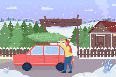 Character bought xmas tree at the market flat color vector illustration. Holiday tradition. Harvest your owm evergreen symbol. Happy man 2D cartoon characters with christmas tree farm on backgroundのイラスト素材