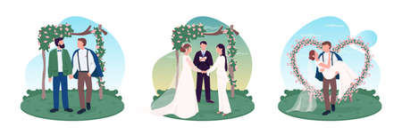 Newlywed couples 2D vector web banner, poster set. Wedding celebration. Homosexual and heterosexual flat characters on cartoon background. Marriage printable patch, colorful web element collectionのイラスト素材