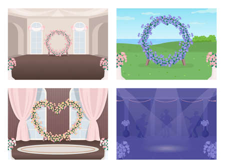 Decorated wedding venue flat color vector illustration set. Event hall. Night dance floor. Marriage celebration event 2D cartoon interior and landscape with floral decoration on background collectionのイラスト素材