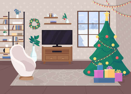Modern christmas house inside flat color vector illustration. Traditional merry atmosphere. Holiday time. Decorated tree with lights. Winter 2D cartoon interior with snowy forest hills on backgroundのイラスト素材