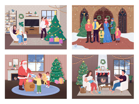 Christmas celebration flat color vector illustration set. Singing traditional song. Receiving gift. Siting near xmas tree. Holiday people 2D cartoon characters with decoration on background collectionのイラスト素材