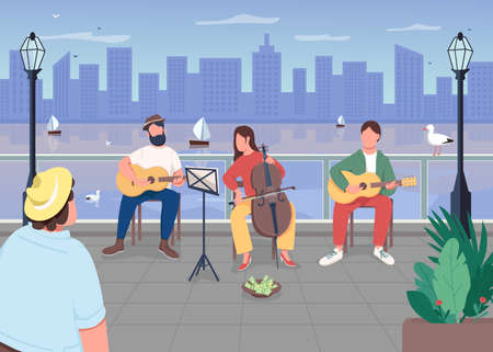 Music band in city flat color vector illustration. Live performance outdoors. Entertainment in town. Urban landscape. Classical musicians 2D cartoon characters with cityscape on backgroundのイラスト素材