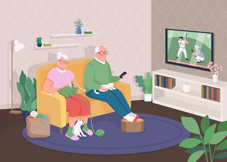 Old couple at home flat color vector illustration. Grandmother and grandfather watch TV together. Pensioners relax on couch. Elderly family 2D cartoon characters with house interior on backgroundのイラスト素材