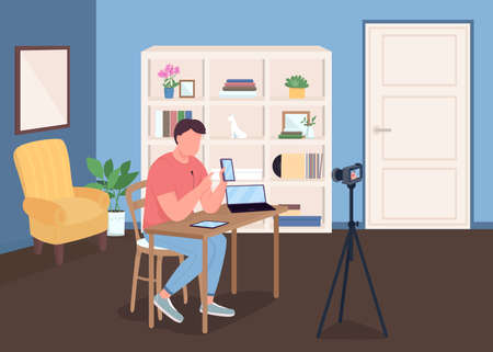 Vlogger flat color vector illustration. Man shooting video with camera. Live streaming for social media. Record review. Blogger 2D cartoon characters with studio interior on backgroundのイラスト素材