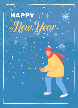 Happy New Year greeting card flat vector template. Winter holiday celebration. Man with confetti. Brochure, booklet one page concept design with cartoon characters. Festive season flyer, leafletのイラスト素材