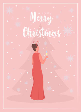 Celebrate Christmas greeting card flat vector template. Women with sparkling drink. Xmas tree. Brochure, booklet one page concept design with cartoon characters. Winter holiday flyer, leafletのイラスト素材