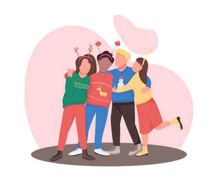 Friends on festive holiday flat color vector faceless characters. Teenager group hug. Christmas...