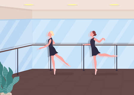 Ballet lesson flat color vector illustration. Dancers rehearsing. Girl train choreography. Practice in ballroom. Active lifestyle. Ballerina 2D cartoon characters with mirror gym on backgroundのイラスト素材