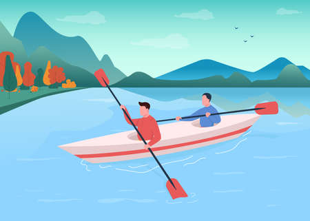 Kayaking flat color vector illustration. Canoeing for recreation. Athlete swimming with oar in boat....