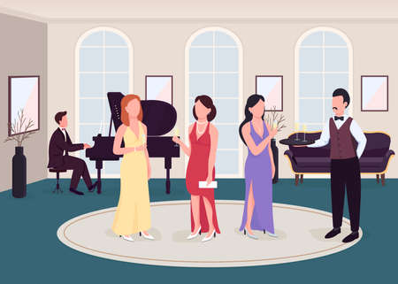 Luxury cocktail party flat color vector illustration. Formal occasion. Event with classical music performance. Piano musician. Elegant 2D cartoon characters with rich house on backgroundのイラスト素材