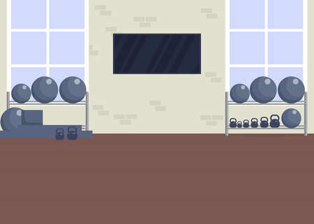 Weightlifting studio flat color vector illustration. Dumbbells for power lifting. Place for fitness workout. Active lifestyle. Gym room 2D cartoon interior with sports equipment on backgroundのイラスト素材