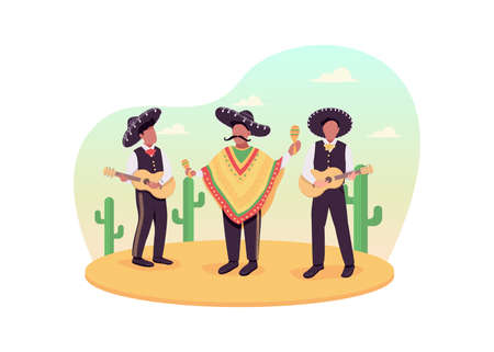 Mexican musicians 2D vector web banner, poster. Traditional music. Guitar players in sombrero. Mariachi flat characters on cartoon background. Latin culture printable patch, colorful web elementのイラスト素材