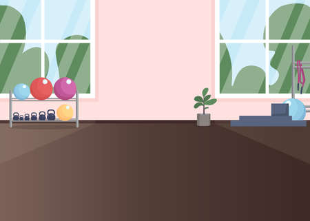 Gym room flat color vector illustration. Place for exercising. Dumbbells for weightlifting. Healthy lifestyle. Fitness and aerobics. Gymnasium 2D cartoon interior with wall window on backgroundのイラスト素材