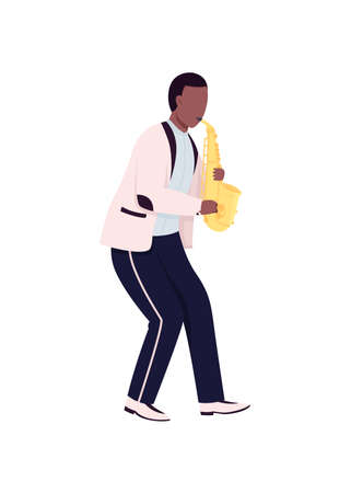 African saxophonist flat color vector faceless character. Man play classical musical instrument. Sax player. Jazz music performance isolated cartoon illustration for web graphic design and animationのイラスト素材