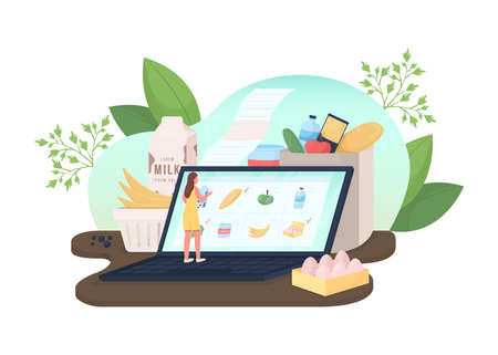 Order groceries online flat concept vector illustration. Supermarket food. Woman choosing products 2D cartoon characters for web design. Internet retail service creative idea collectionのイラスト素材