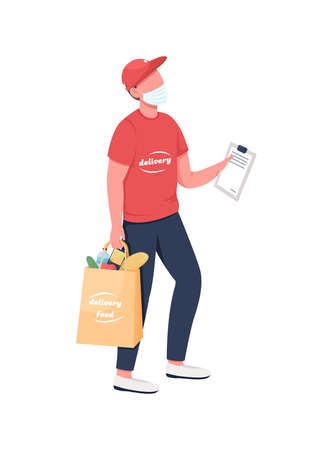 Groceries delivery carrier in mask flat color vector faceless character. Online order in package. Courier with clipboard isolated cartoon illustration for web graphic design and animationのイラスト素材