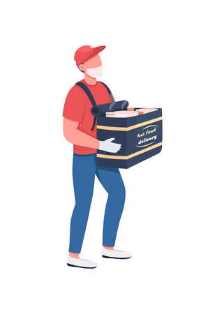 Food delivery carrier in mask flat color vector faceless character. Pandemic lockdown service. Healthcare precaution. Courier isolated cartoon illustration for web graphic design and animationのイラスト素材