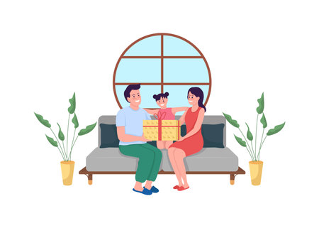 Parents giving gift to daughter flat color vector faceless characters. Mom, dad wish happy birthday. Family holiday celebration isolated cartoon illustration for web graphic design and animationのイラスト素材