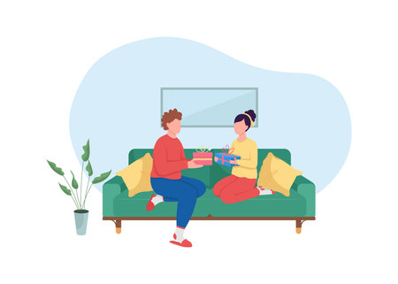 Couple exchanges gifts 2D vector web banner, poster. Give present. Boyfriend and girlfriend flat characters on cartoon background. Holiday celebration at home printable patch, colorful web elementのイラスト素材