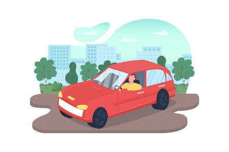Driving car 2D vector web banner, poster. Automobile on city road. Male driver flat character on cartoon background. Man in personal transport printable patch, colorful web elementのイラスト素材